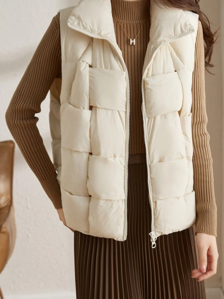 Nncharge Autumn Winter Casual Lady White Duck Down Coat Fashion Women Stand Collar Sleeveless Weave Vest Jacket