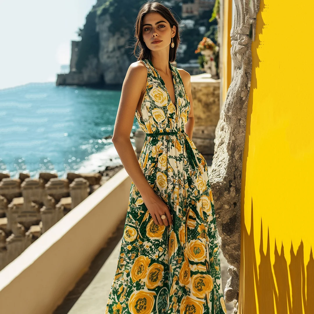 Abito lungo da resort con stampa giglio fiorentino
