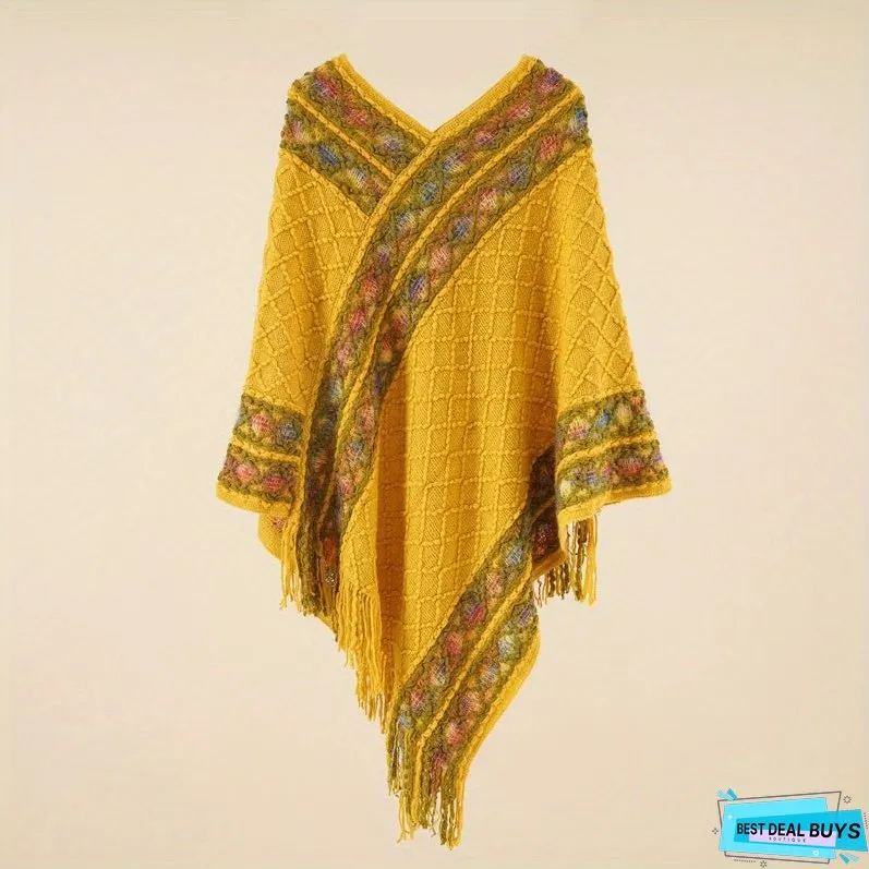 Pullover Woven Shawl Large Warm Fringed Shawl Wrap Windproof Shawl Cape For Casual Outdoor