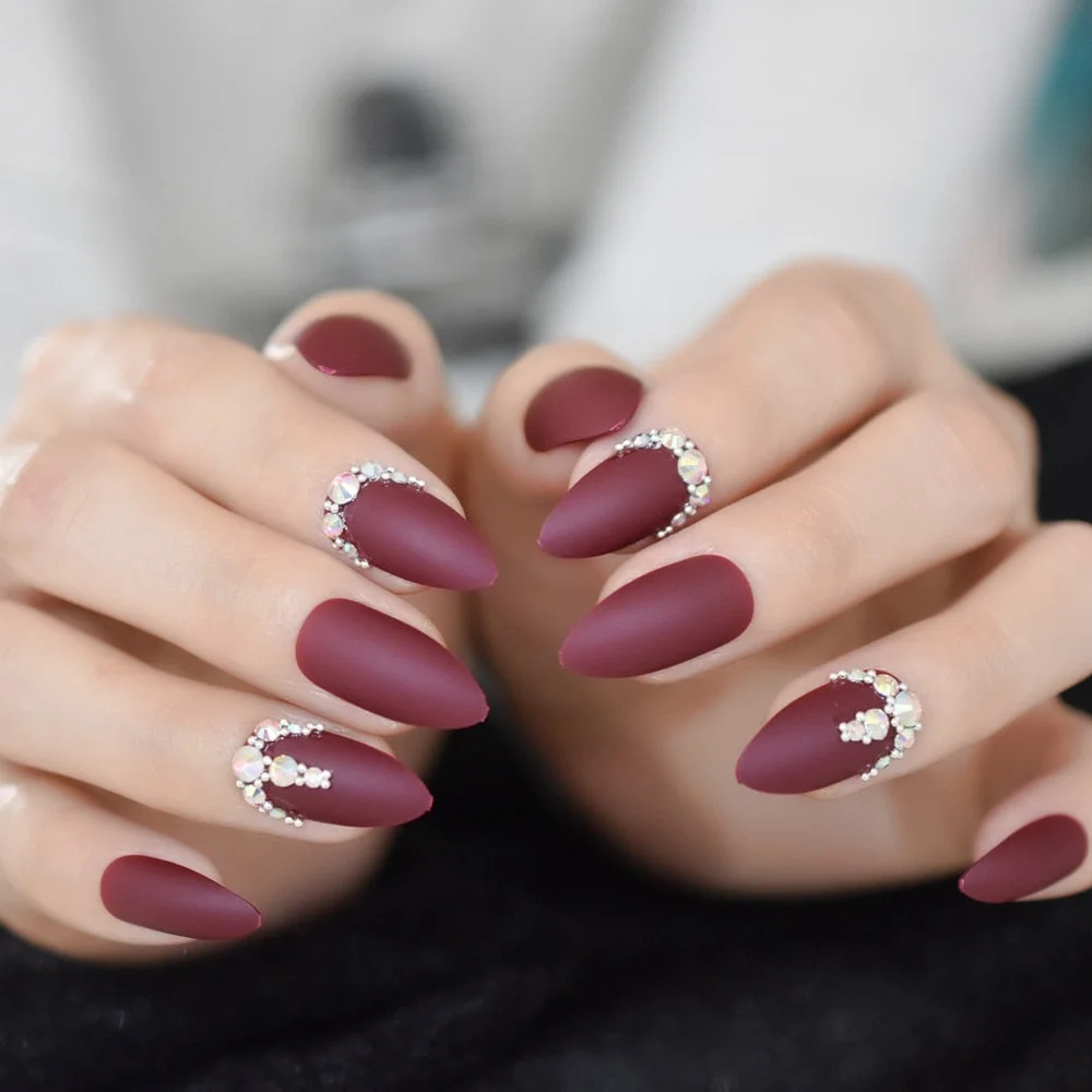 Matte Custom Fake Nails Craft White Decorative Luxury Nails Stiletto Rhinestones Designed Fingernails with Glue sticker 24pcs-Nail Inspo