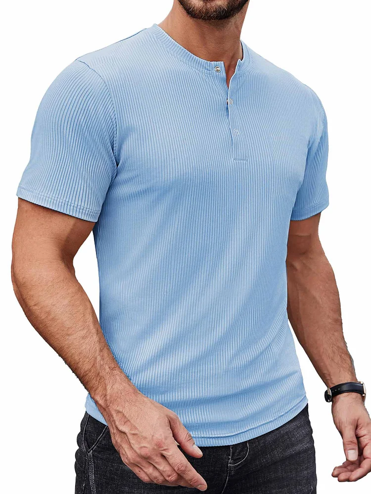 Men's casual pitted fabric button-down short-sleeved henley shirt