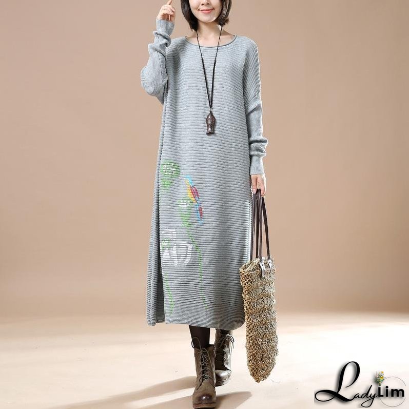 Gray long knit sweaters dress plus size
