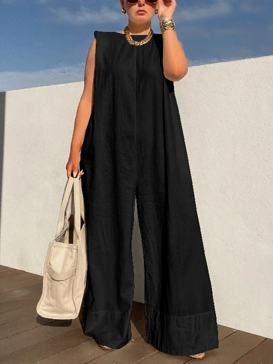 Solid Color Sleeveless Wide Leg Jumpsuits