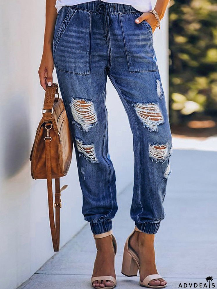 Women's Jeans Elastic Waist Drawstring Ripped Harem Jeans