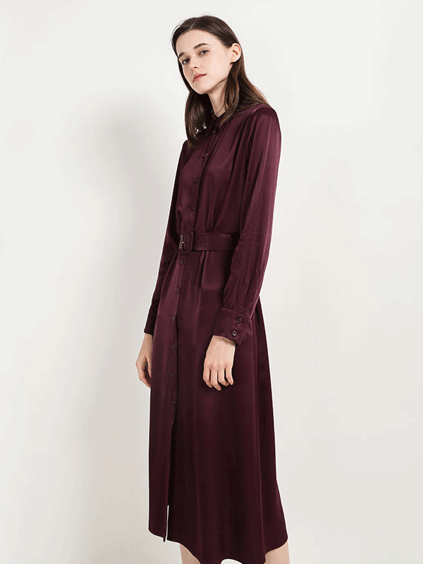 Robe élégante en soie rouge à manches longues- SOIE PLUS