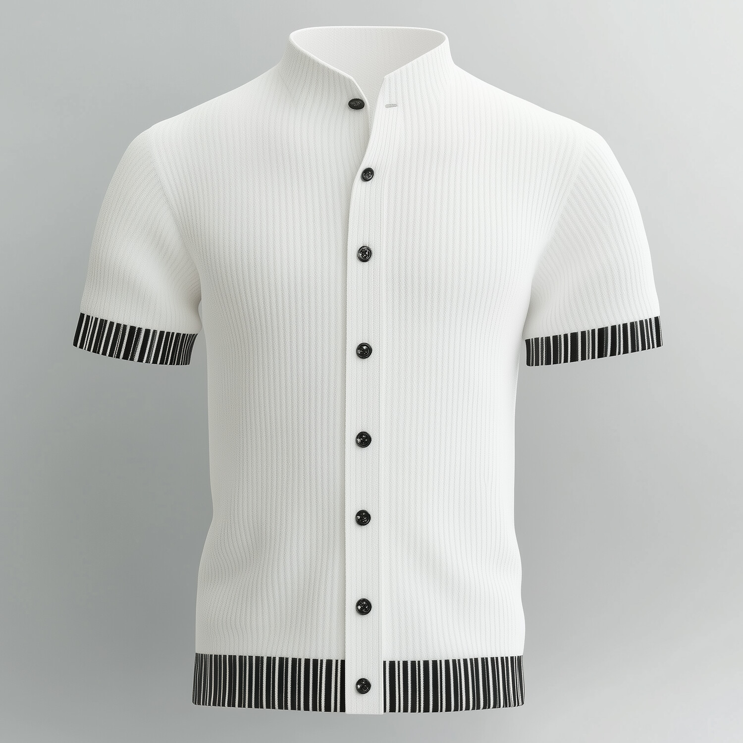 Men's Black Striped Stand Collar Short Sleeve Button Knit Shirt