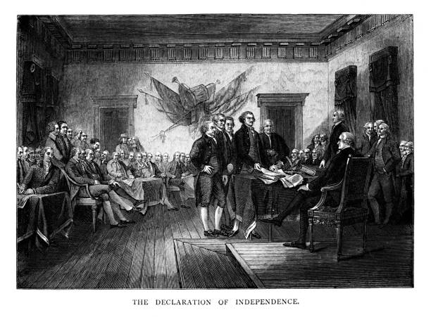 Declaration of Independence Signed by Founding Fathers of United States, Philadelphia, Pennsylvania, 18th Century  American History Founding Fathers of the United States the Declaration of Independence. Engraving published 1882. Copyright expired; artwork is in Public Domain. Declaration of Independence stock illustrations