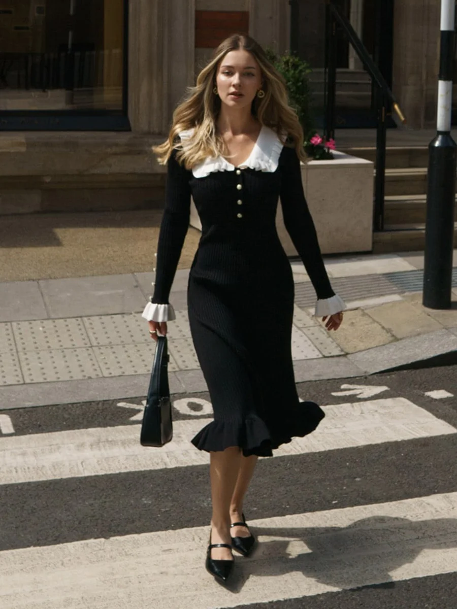 Uveng Uveng Dress Knitted Dress Autumn And Winter New Sweater Dress 2023 Vintage Lady French Dress