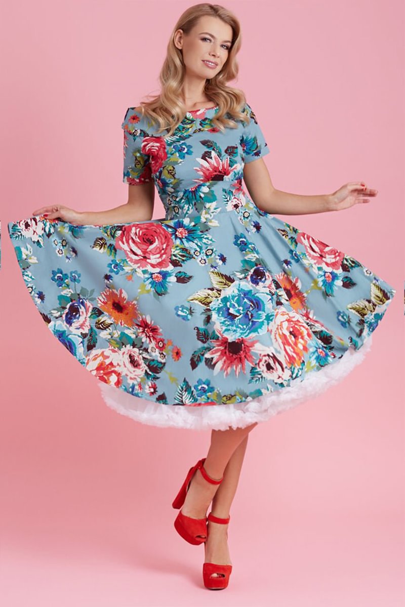 1950s Blue Party Floral Print Corset Off The Shoulder Swing Bell Midi Dress [Pre-Order]