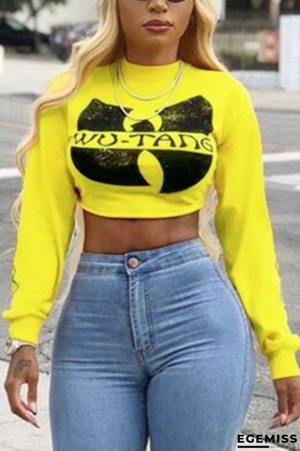 Yellow Fashion Sexy Printing Long Sleeve Short Top | EGEMISS