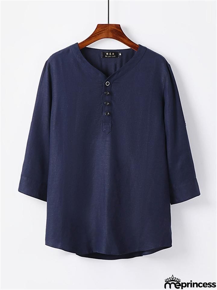 Mens Loose Comfy Linen Solid Color Long Sleeve T-Shirts