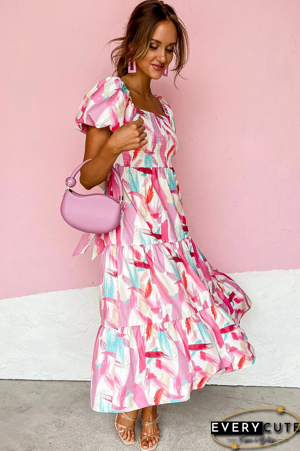 Pink Brush Stroke Printed Smocked Ruffle Tiered Dress