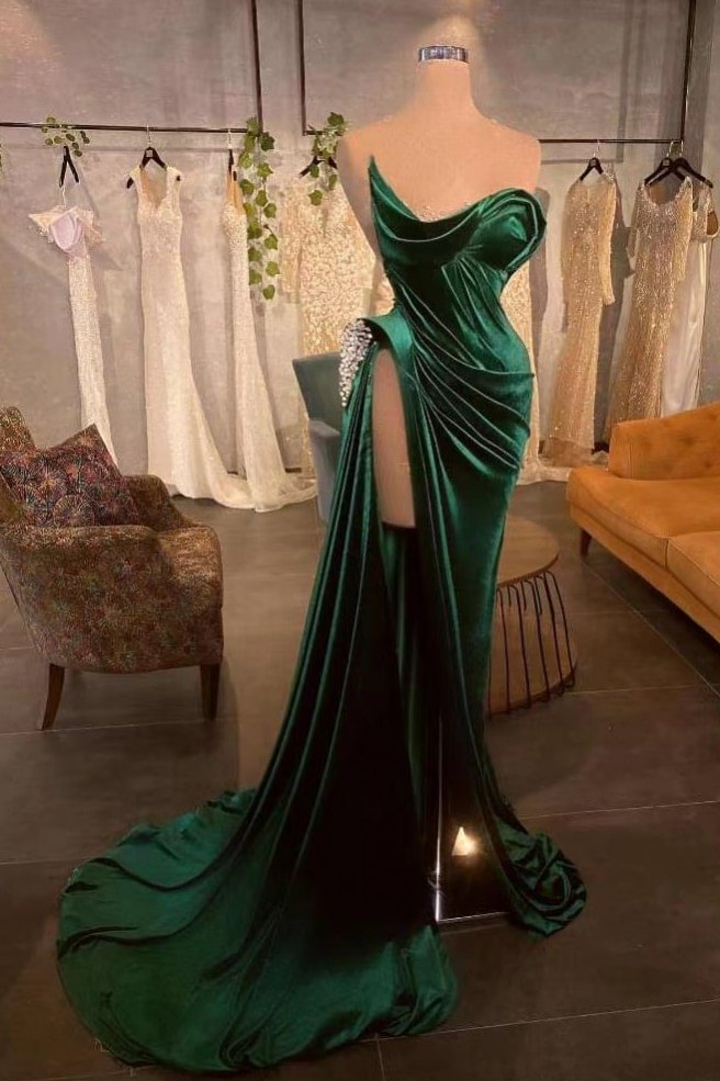 Fabulous Dark Green Mermaid Slit Evening Dress With Beadings | Ballbellas Ballbellas