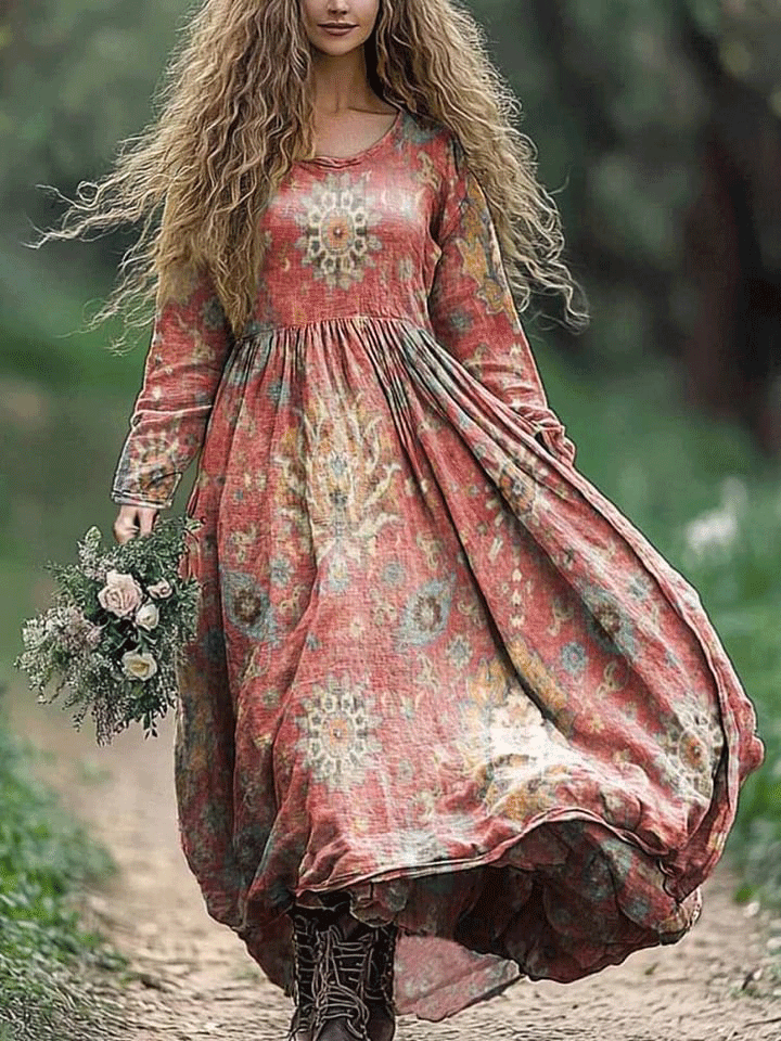 Women's Vintage Boho Folk Floral Art Print Crew Neck Pocket Cotton Dress