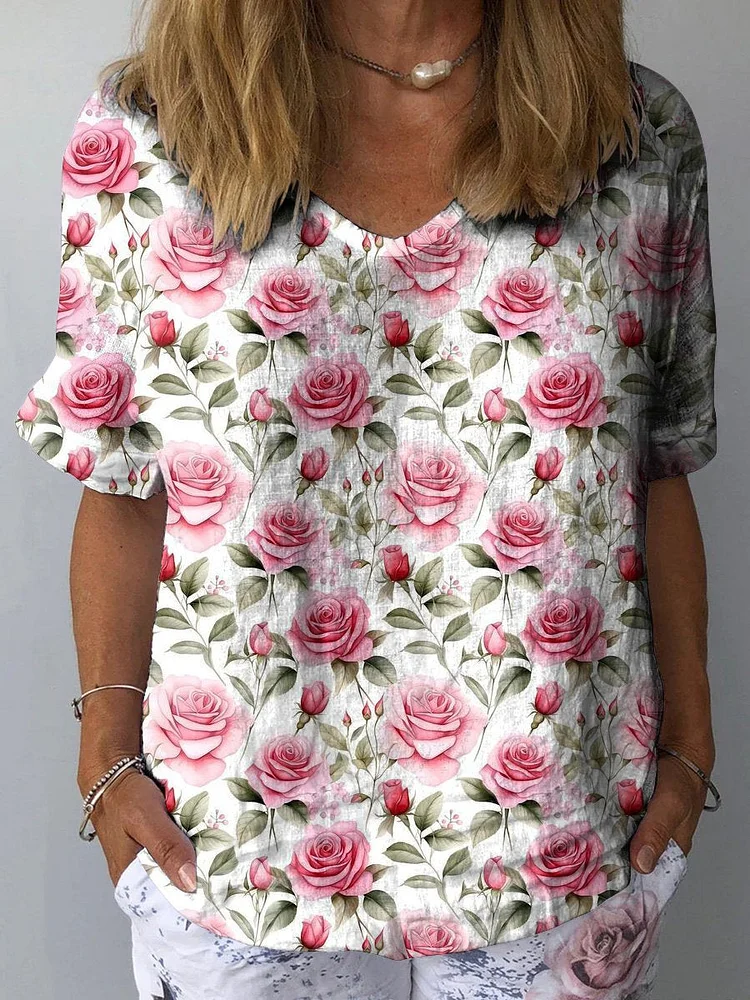 Watercolor Pink French Rose Pattern Printed Women's Casual Cotton And Linen Shirt