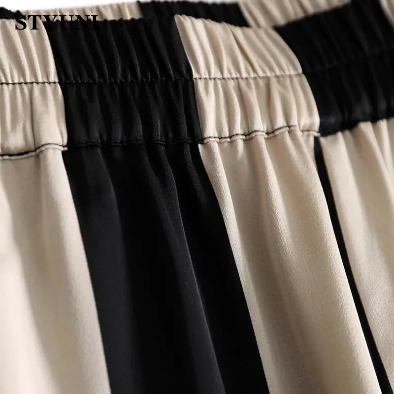 Churchf Striped Acetate Vintage Elastic High Waist Wide-Leg Loose Women's Pants Korean Fashion Full Length Pants For Women 2023-Outfit Ideas