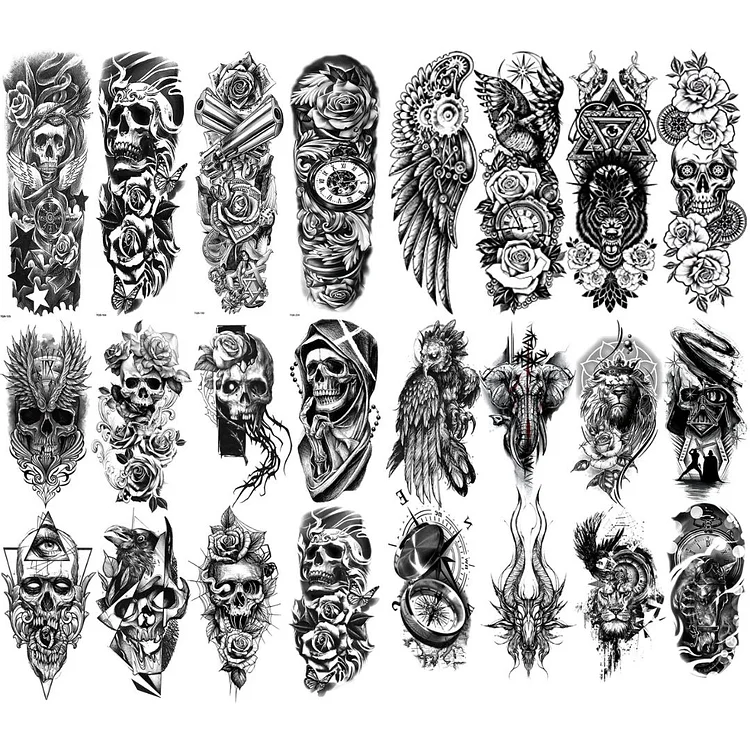 24 Sheets Full Arm & Half Arm Skull Gun Wings Temporary Tattoo Combo
