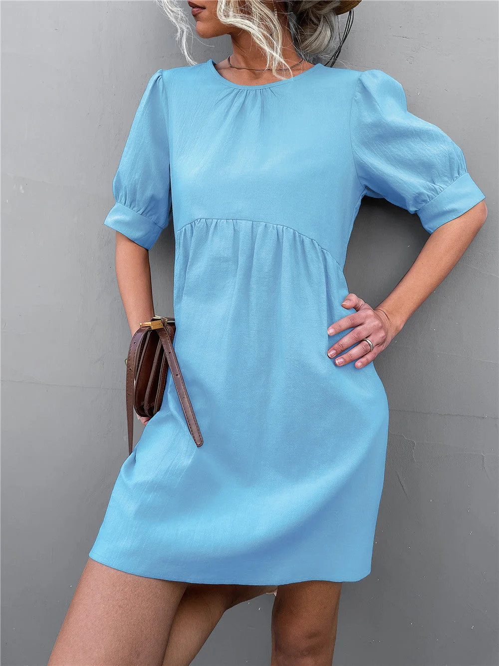 ABEBEY-Summer Vacation Beach Dress Casual Dress Ins Style Photograph Dress Marketa Puff Sleeve Babydoll Dress - Blue