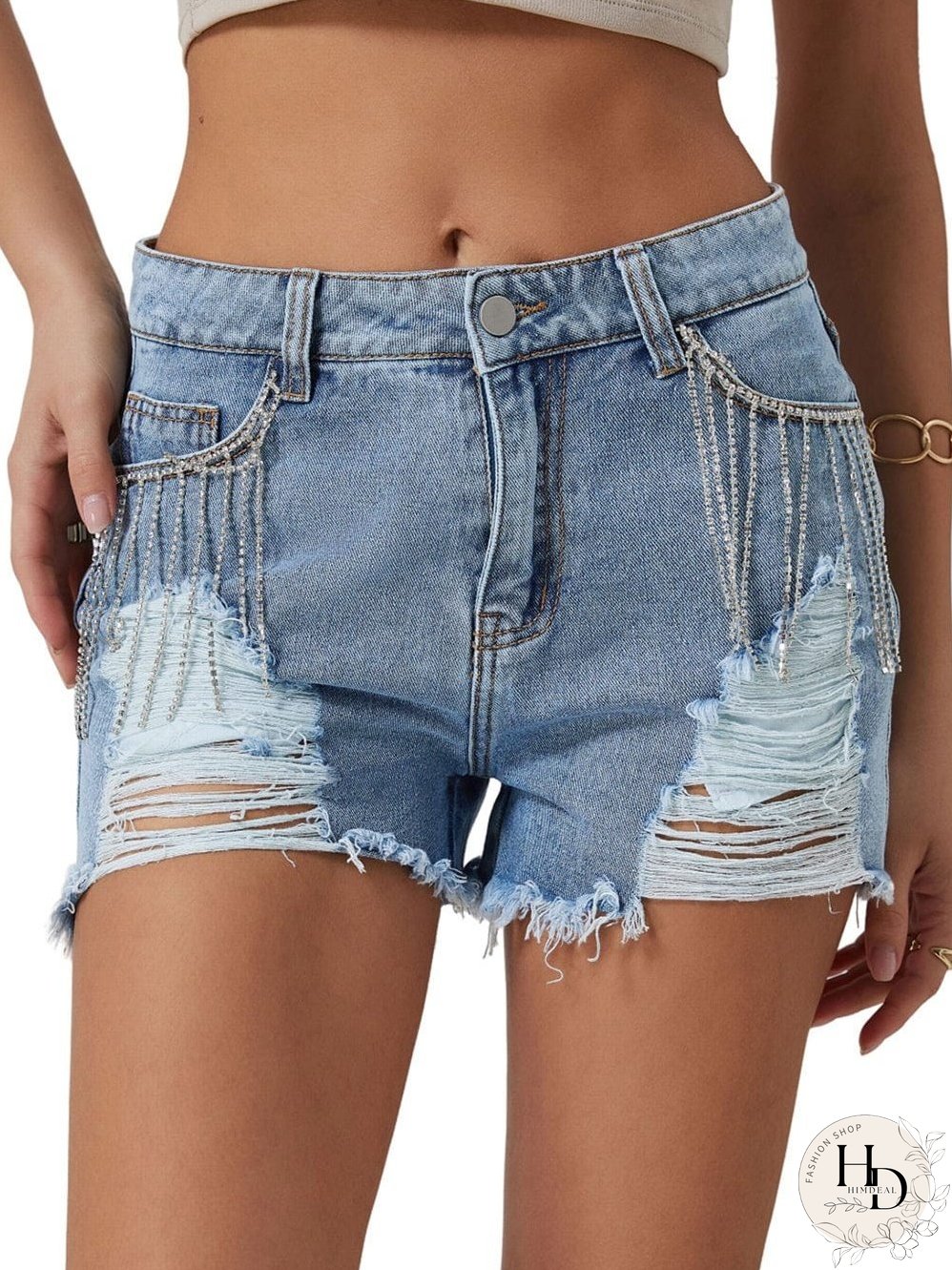 Unique Rhinestone Tassel Denim Shorts