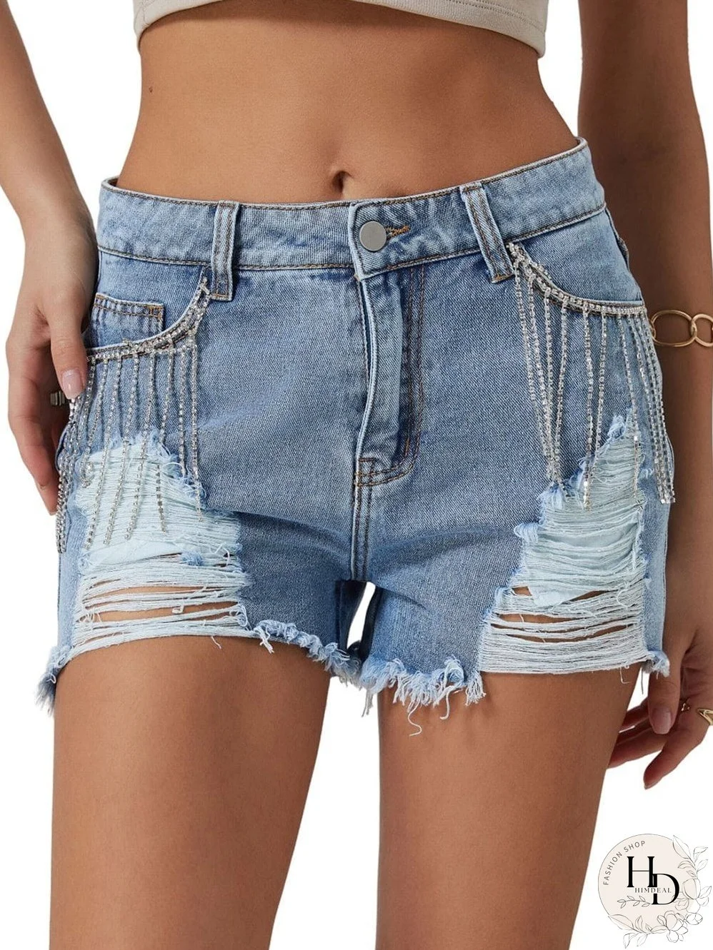 Unique Rhinestone Tassel Denim Shorts