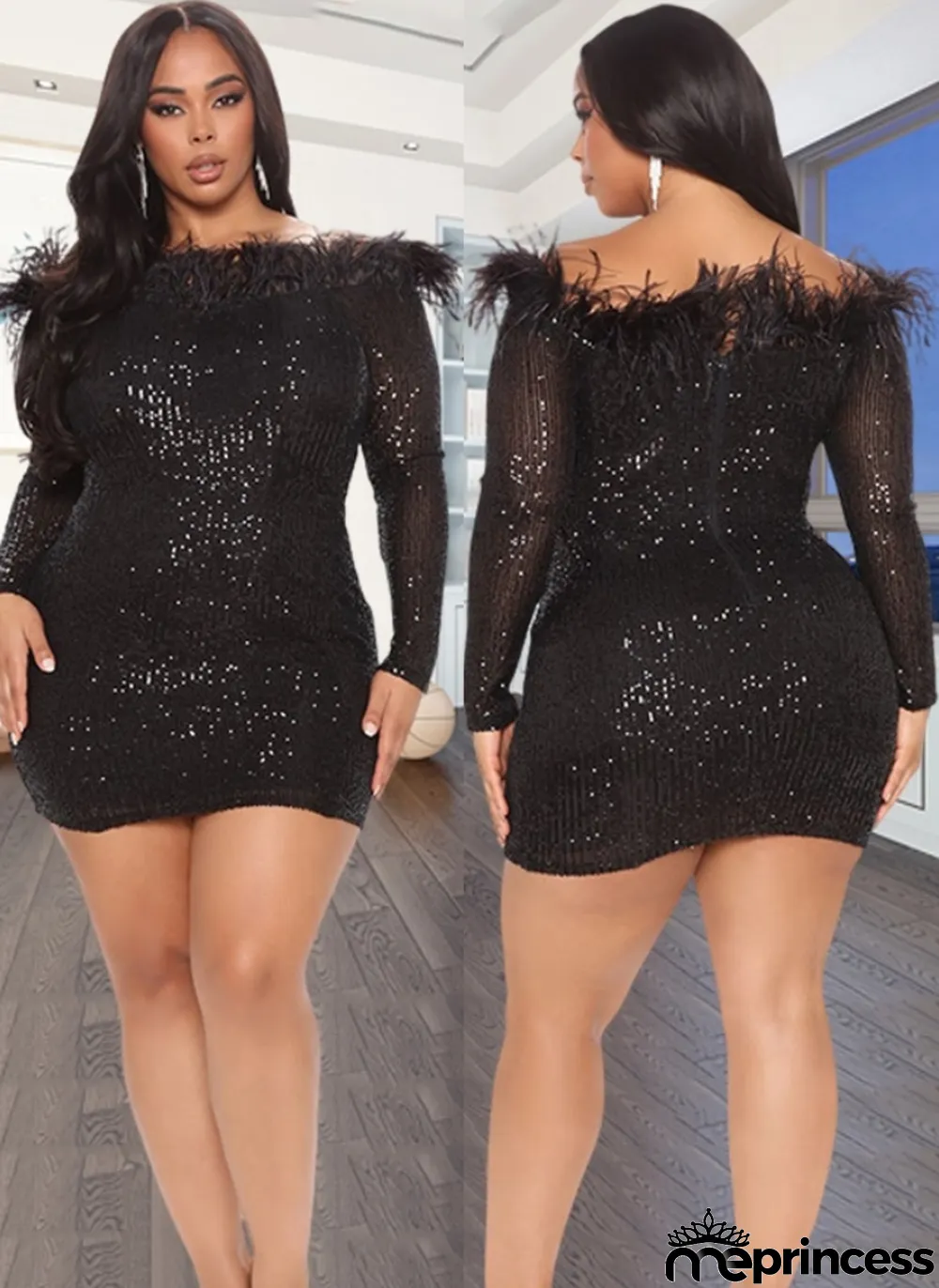 Fall Splus Size Black Sequins Fur Trim Long Sleeve Club Dress