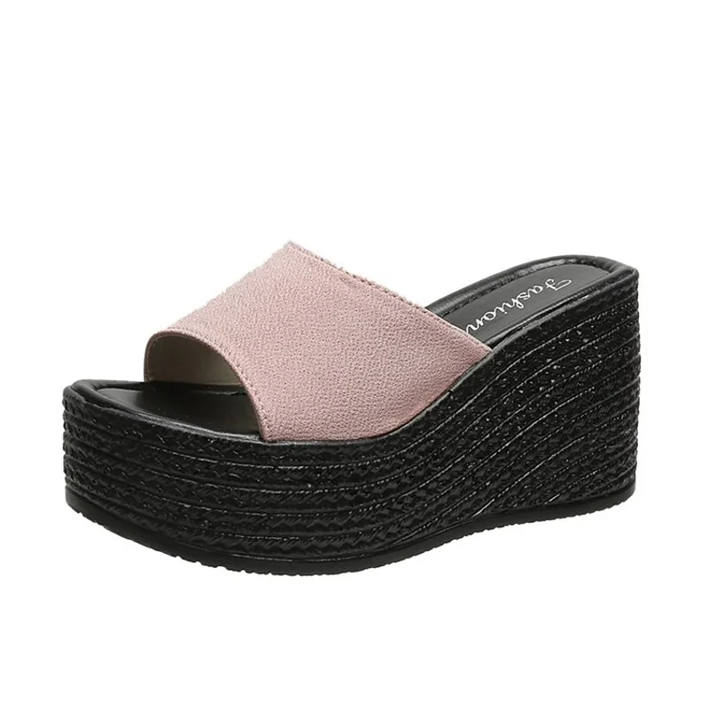 Women's Slippers Wedge Heels Plus Size Outdoor Slippers Daily Summer Wedge Heel Open Toe Casual Synthetics Loafer Solid Colored Black White Light Pink | IFYHOME
