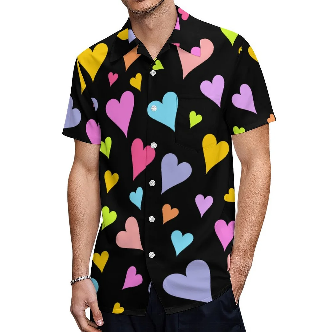 Black Pink Colorful Heart Shapes Love Hawaiian Shirt Mens Button Down Plus Size Tropical Hawaii Beach Shirts