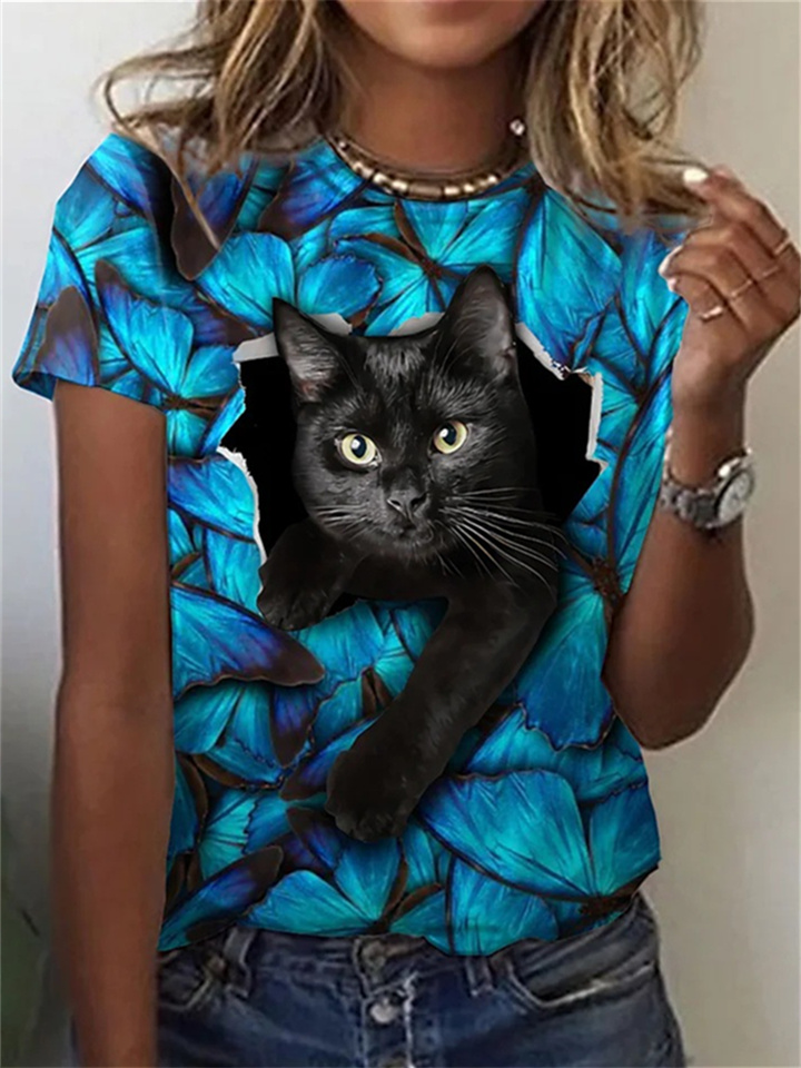 Women's Blue T-shirt Black Cat Print Short-sleeved Casual Round Neck Top