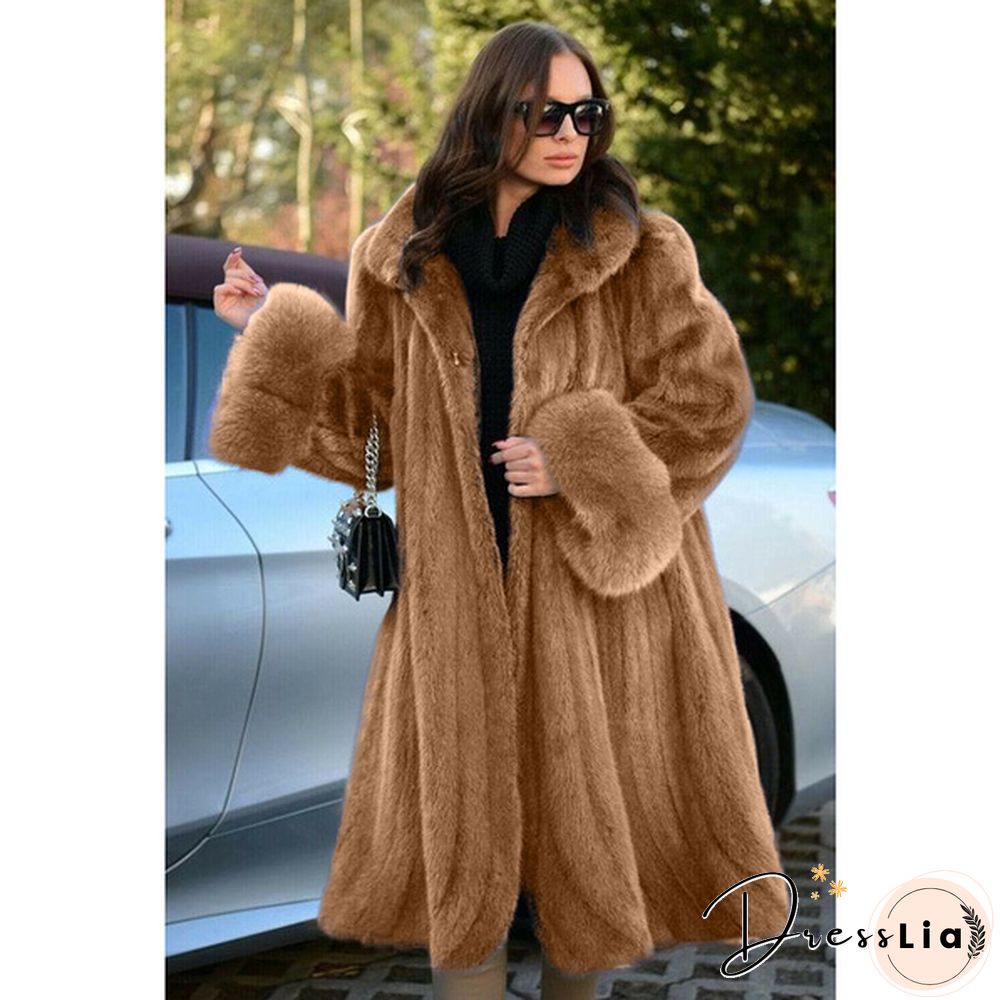 Women's Winter New Fashion Plus Size Luxury Elegant Solid Color Turn Down Collar Faux Fur Coat Warm Outerwear Tops
