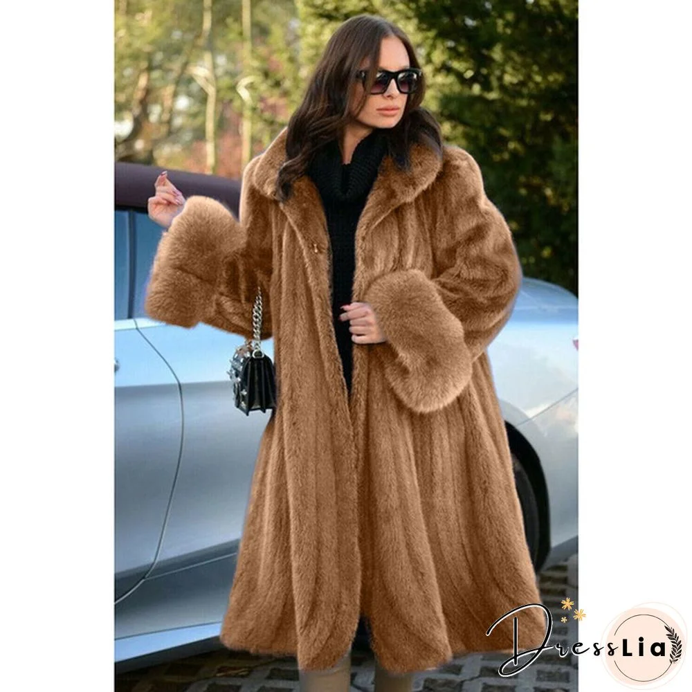 Women's Winter New Fashion Plus Size Luxury Elegant Solid Color Turn Down Collar Faux Fur Coat Warm Outerwear Tops