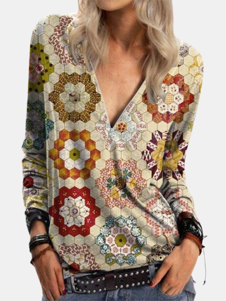 Calico Print Long Sleeve V neck Casual Blouse For Women P1782747