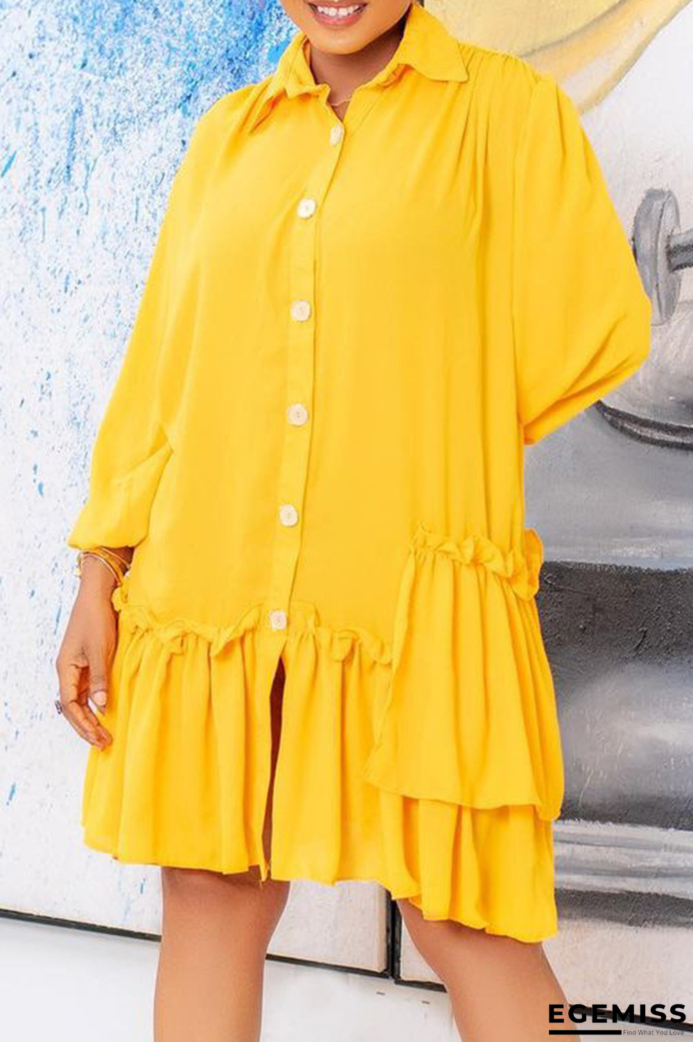 Yellow Casual Solid Flounce Turndown Collar Cake Skirt Dresses | EGEMISS