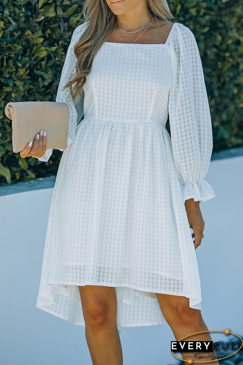 White Square Neck Smocked Back A-line Dress