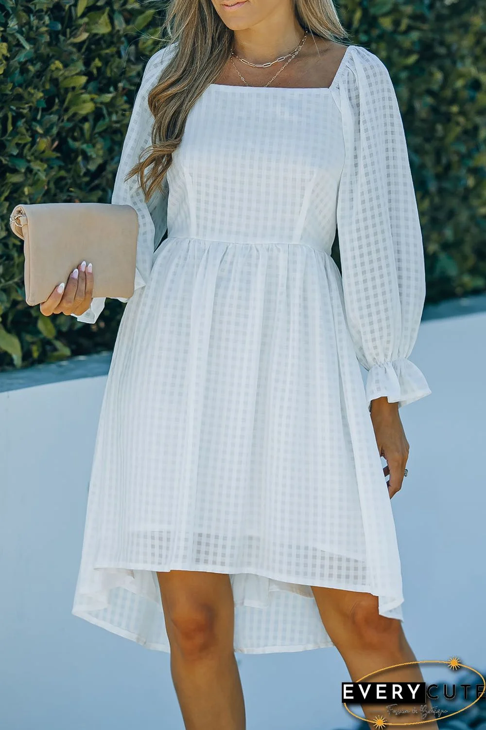 White Square Neck Smocked Back A-line Dress