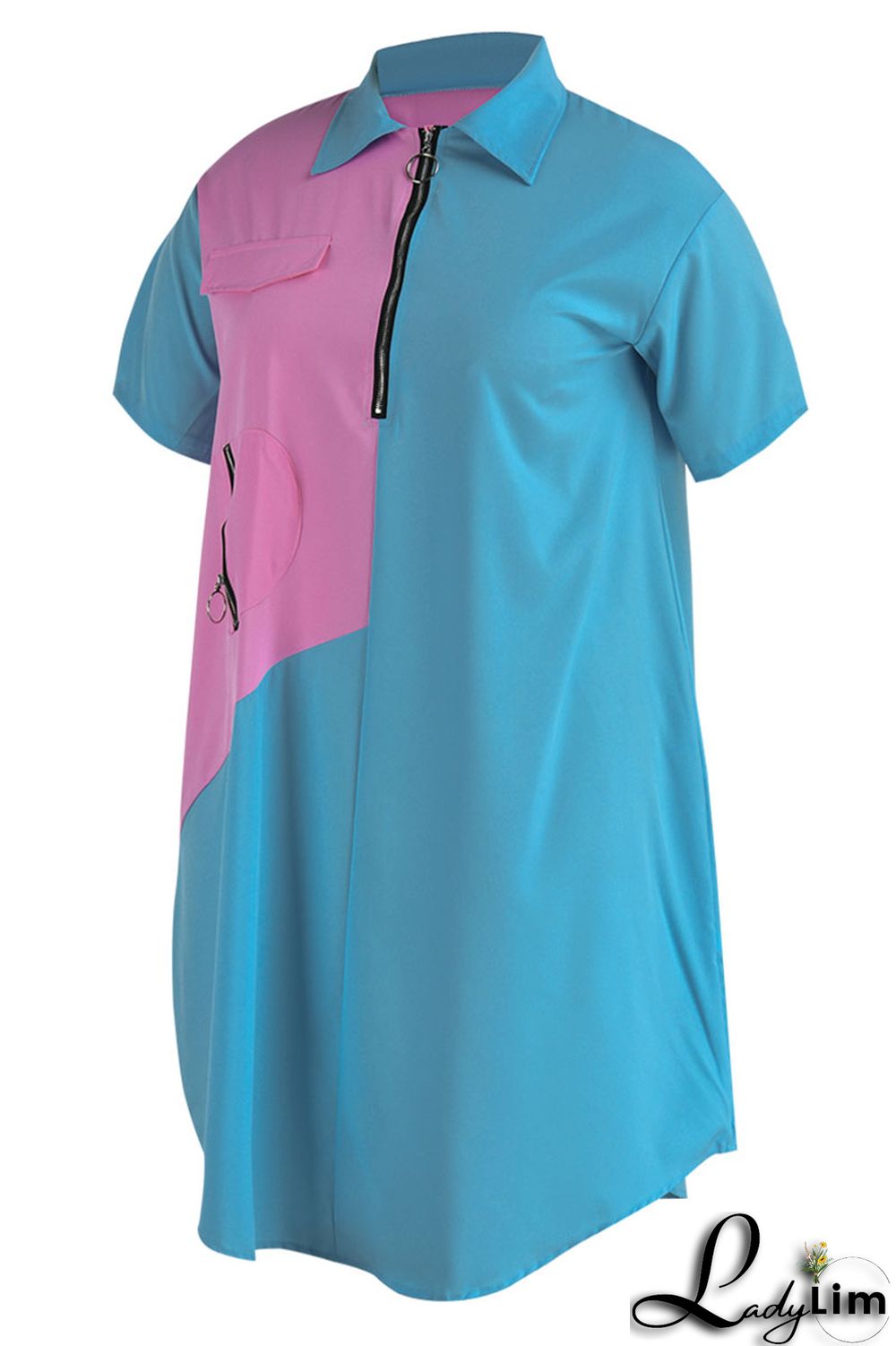 Light Blue Casual Solid Patchwork Zipper Collar Straight Plus Size Dresses