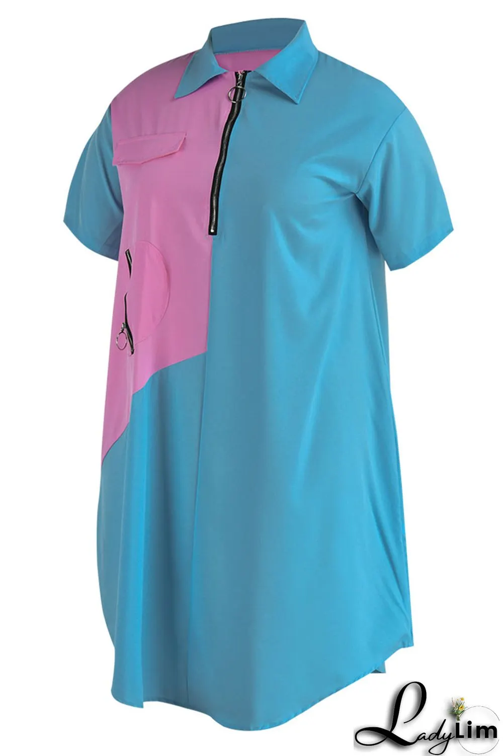 Light Blue Casual Solid Patchwork Zipper Collar Straight Plus Size Dresses