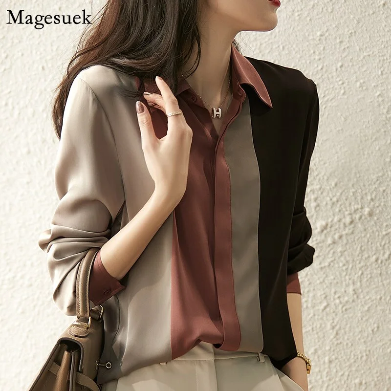 Huiketi Sleeve Silk Blouse Women Fashion 2023 Elegant Button Vintage Satin Shirt Hit Color Loose Casual Shirts Women Clothing 18146