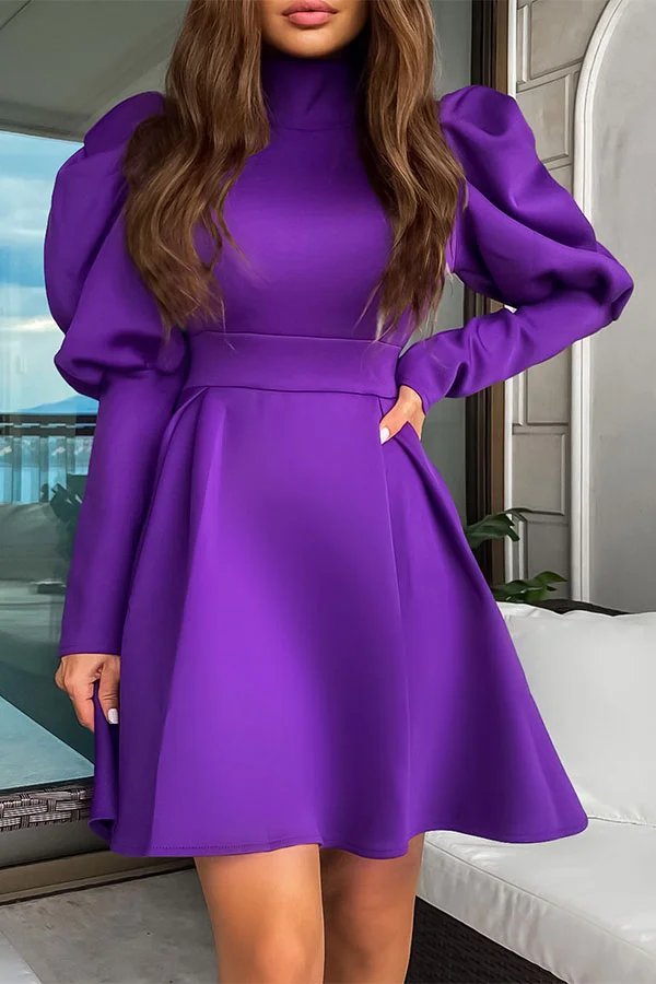 Solid Color Puff Sleeve Pretty A-Line Mini Dress