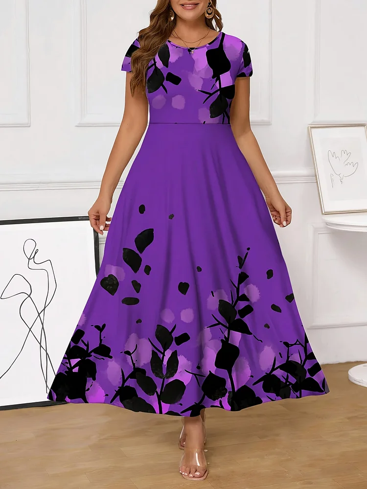 Elegant Women's Plus Size Floral Print Maxi Dress | Round Neck, A-Line Silhouette, Lightweight Polyester Fabric - Purple With Black Floral Pattern, Spring/Summer/Fall, Spring Fashion