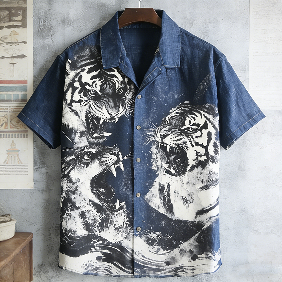 Japanese Art Vintage Tiger Pattern Men's Short Sleeve Shirt  artssus