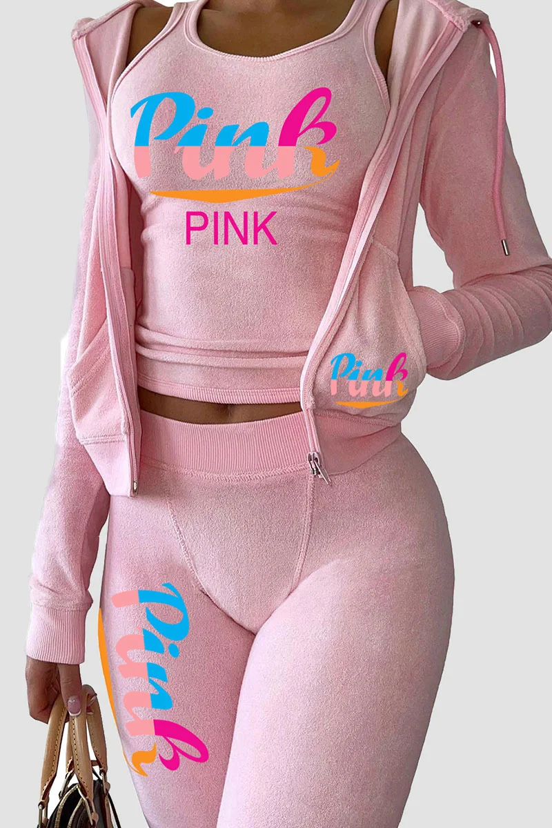 Pink Casual Print Patchwork Hooded Collar Long Sleeve Three Pieces | EGEMISS