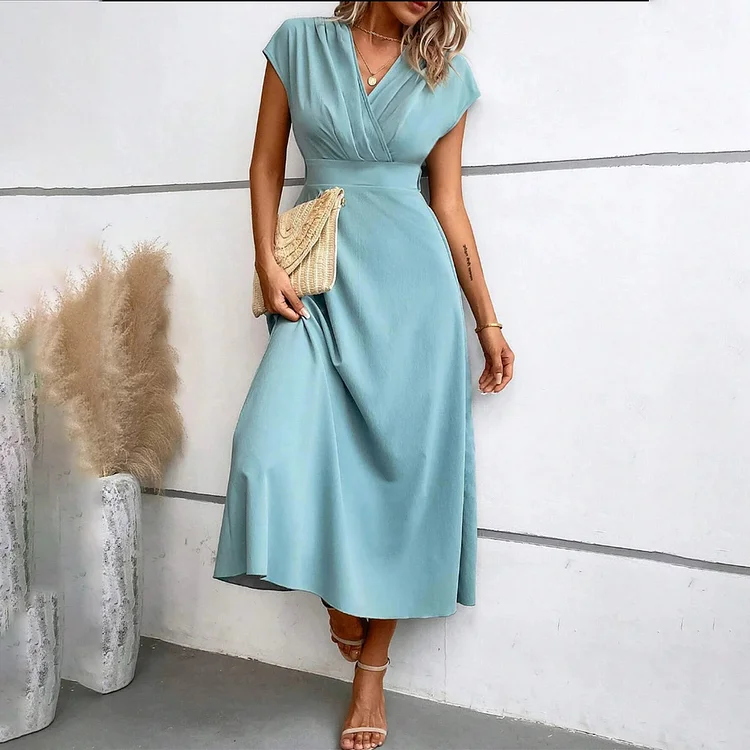 Blue Plain Short Sleeve Maxi Dress