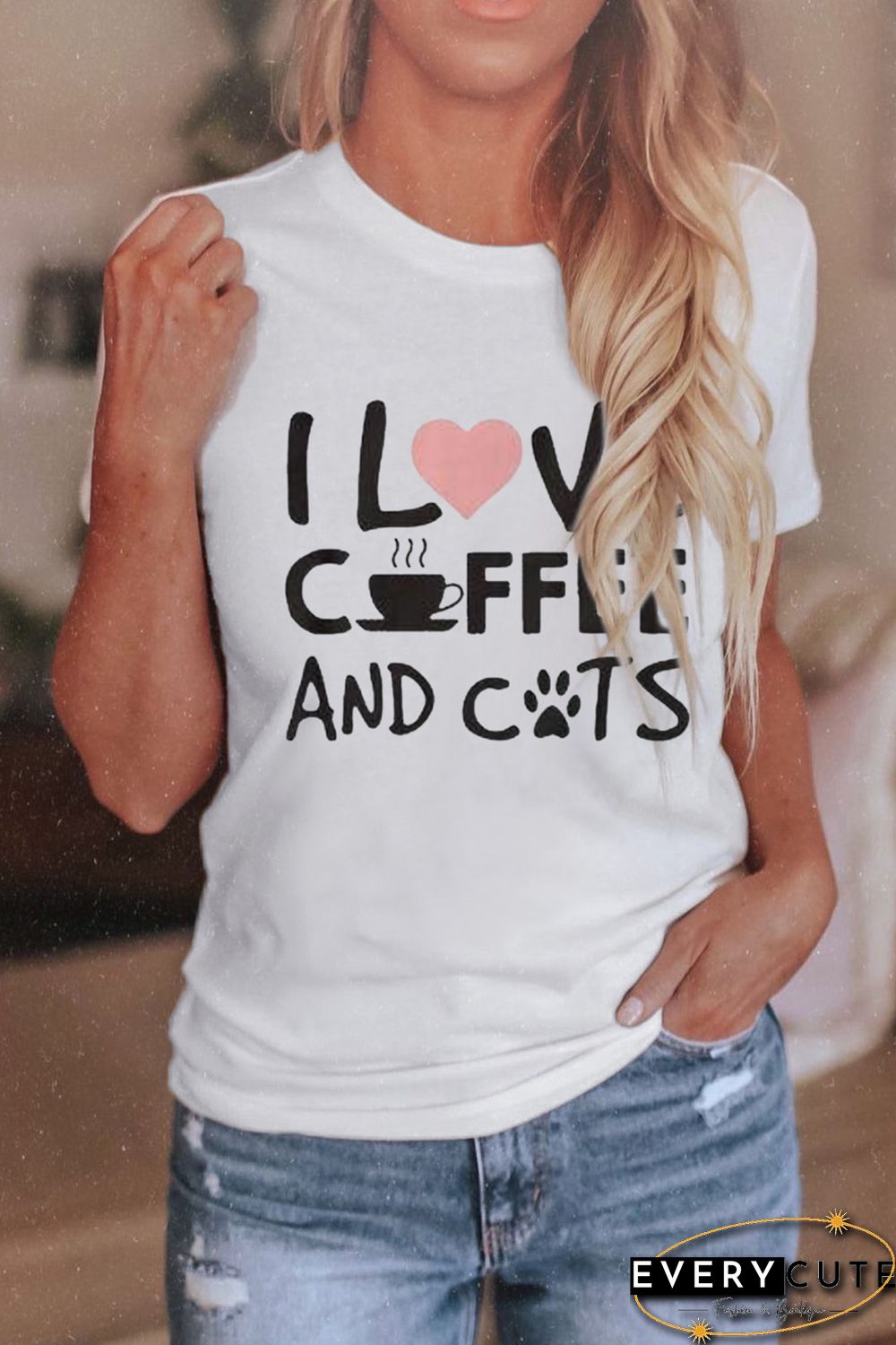 White I LOVE COFFEE AND CATS Short Sleeve Graphic Tee