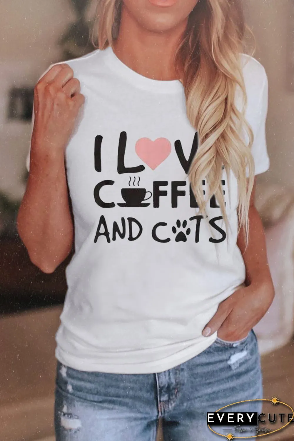 White I LOVE COFFEE AND CATS Short Sleeve Graphic Tee