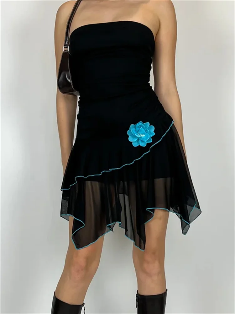 Strapless Off Shoulder Tube Dress  Women 3D Flower Mesh Patchwork Short Mini Dresses Party Clubwear Vestidos