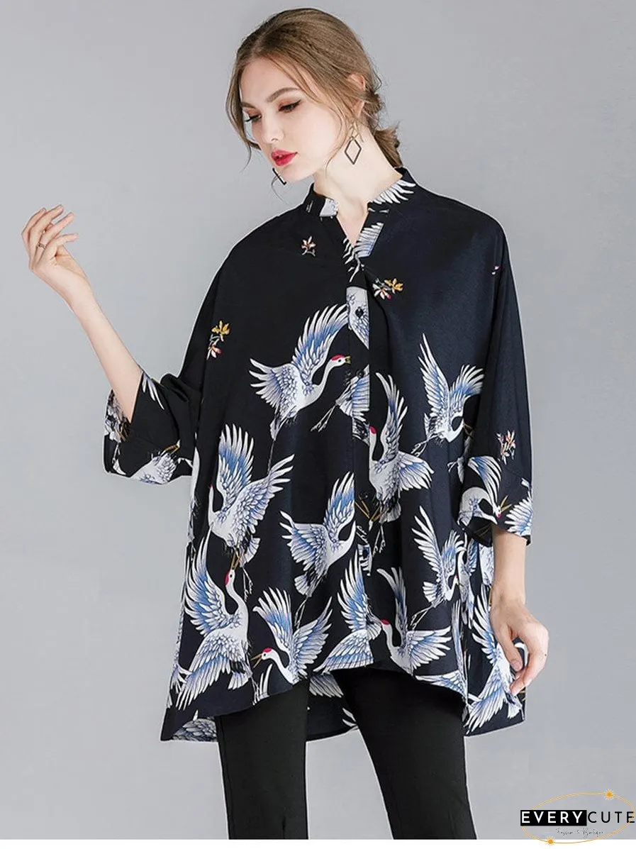 Size Curve Blouses Crane Print Loose Oversized Blouse