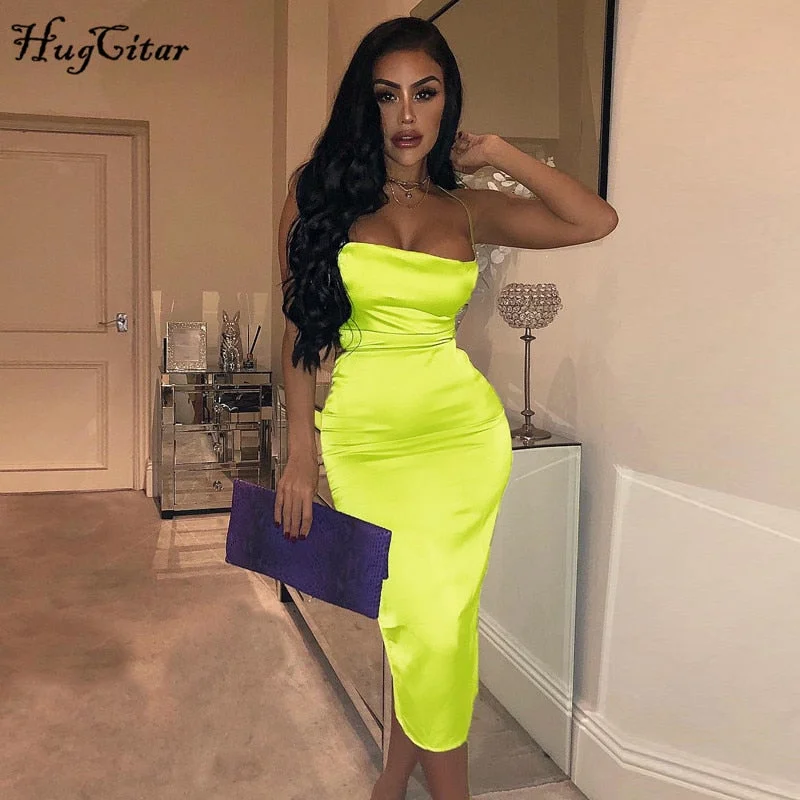 Hugcitar satin slip high waist neon backless sexy bodycon midi dress 2019 summer women fashion party elegant sleeveless clothes
