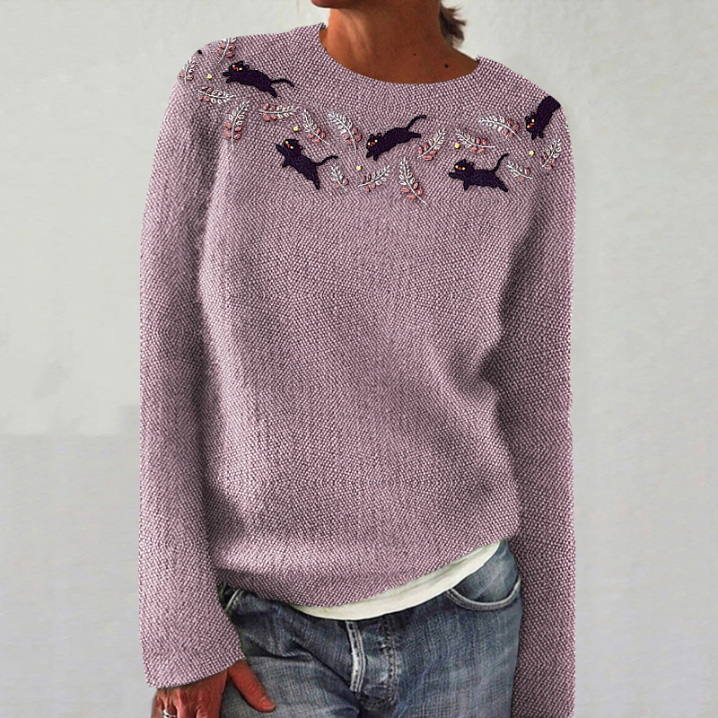 Comstylish Cute Black Cat Prints Embroidered Cozy Knit Sweater