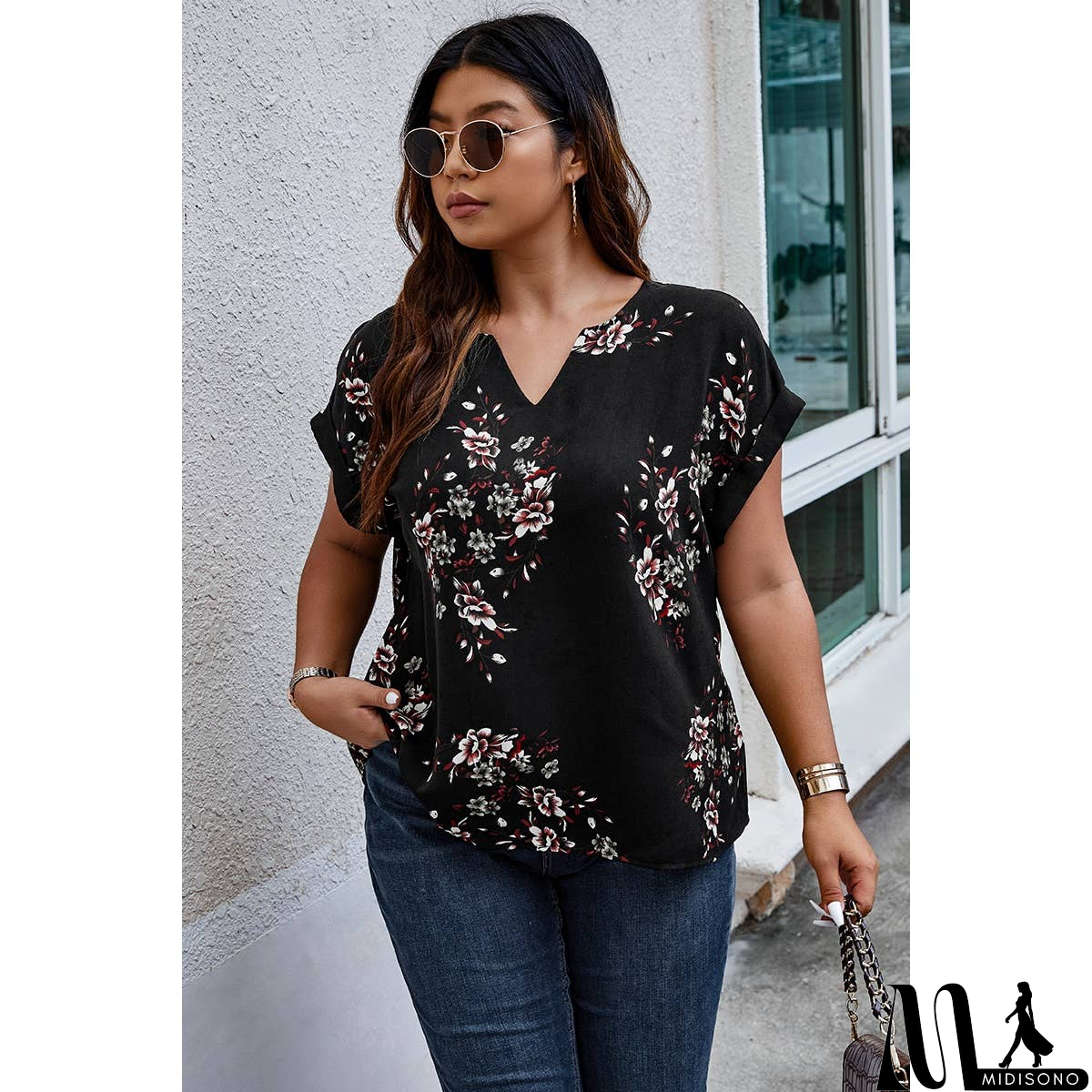 MidiSono - Plus Size Floral Print V Neck Loose Blouse