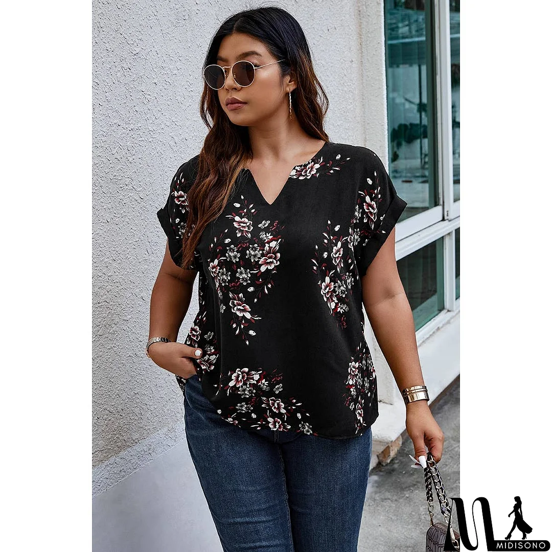 MidiSono - Plus Size Floral Print V Neck Loose Blouse